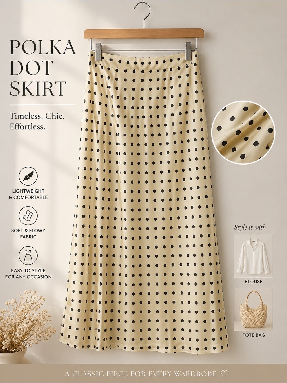 Polka Dot Midi Skirt Dress in Pale Yellow with Black Dots